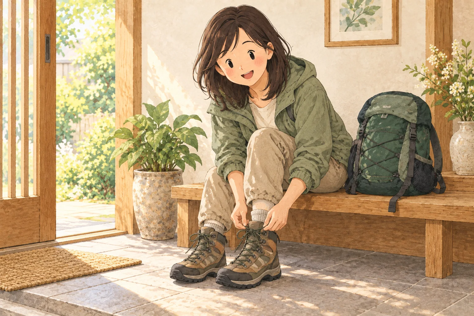 玄関で登山靴を試着する女性のイラスト